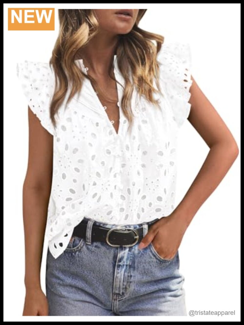 Women's Eyelet V-Neck Blouse with Flutter Sleeves & Ruffled Cuffs - Cotton &